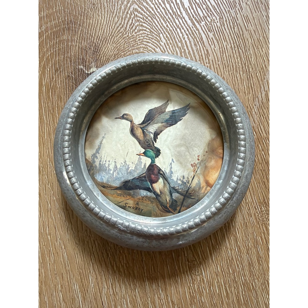 Vintage Fred Sweney Mallard Ducks Miniature Round Metal Frame Wildlife Art 3.25"